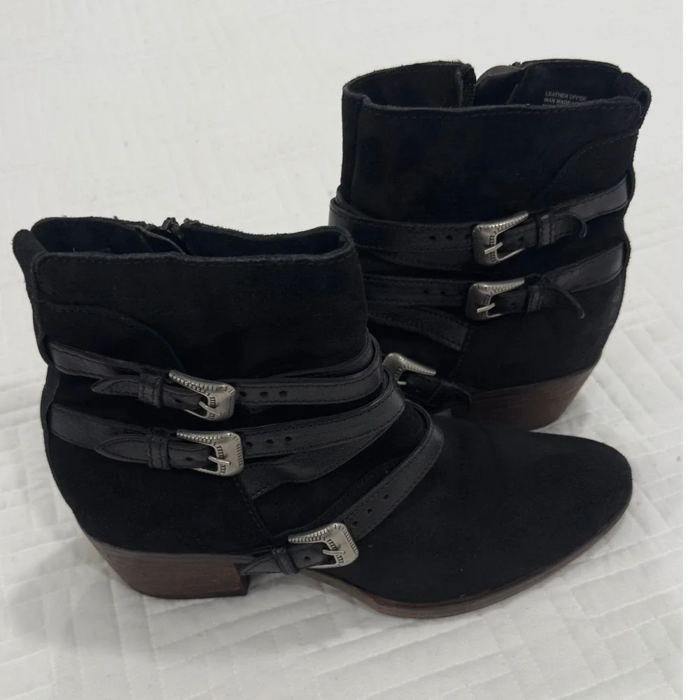 Miz Mooz Black Suede Leather Buckle Strap Ankle Boots Size 41 Western Booties